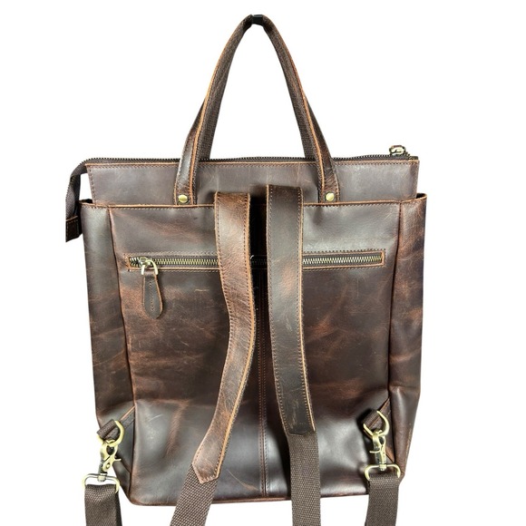 S-Zone Genuine Leather Backpack Tote Bag Brown Yellow Laptop Satchel Travel Work - Picture 7 of 16